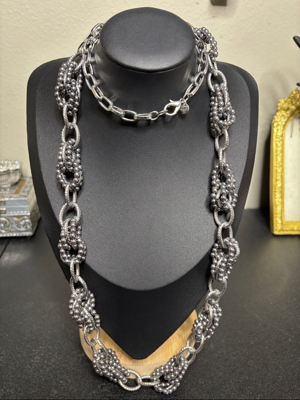 Loft Long Chunky Chain Beaded Boho Necklace Elegant Runway Silver Tone